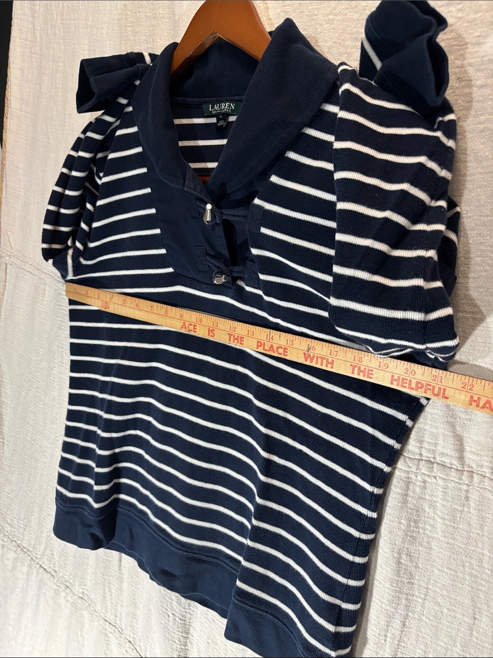 Lauren Ralph Lauren Striped Toggle Collar Knit Sweater Navy White XL 100%Cotton - Picture 6 of 8